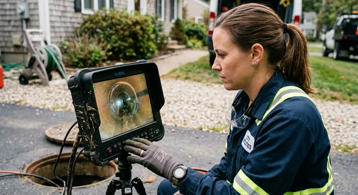 Technician reviewing sewer camera inspection footage in San Antonio