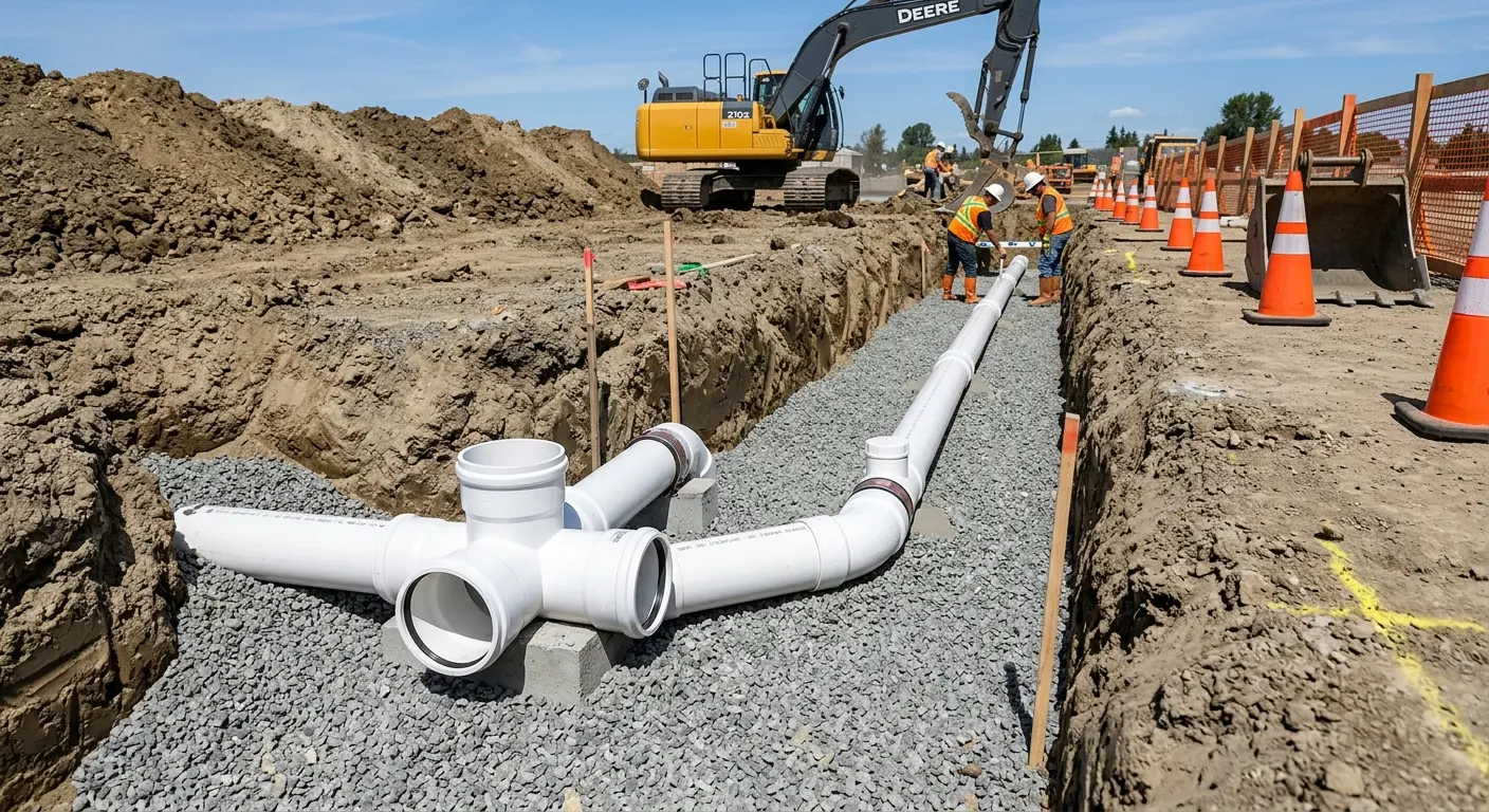 New PVC sewer pipe installation in open trench for Sewer Backup in San Antonio