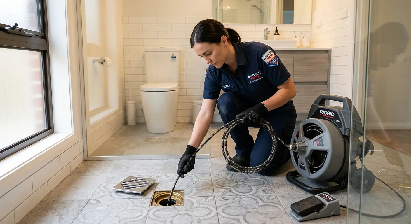 Technician clearing a bathroom floor drain for Drain Cleaning in San Antonio